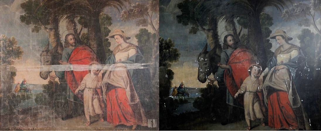 Antes e depois da restauração do quadro Fuga para o Egito
